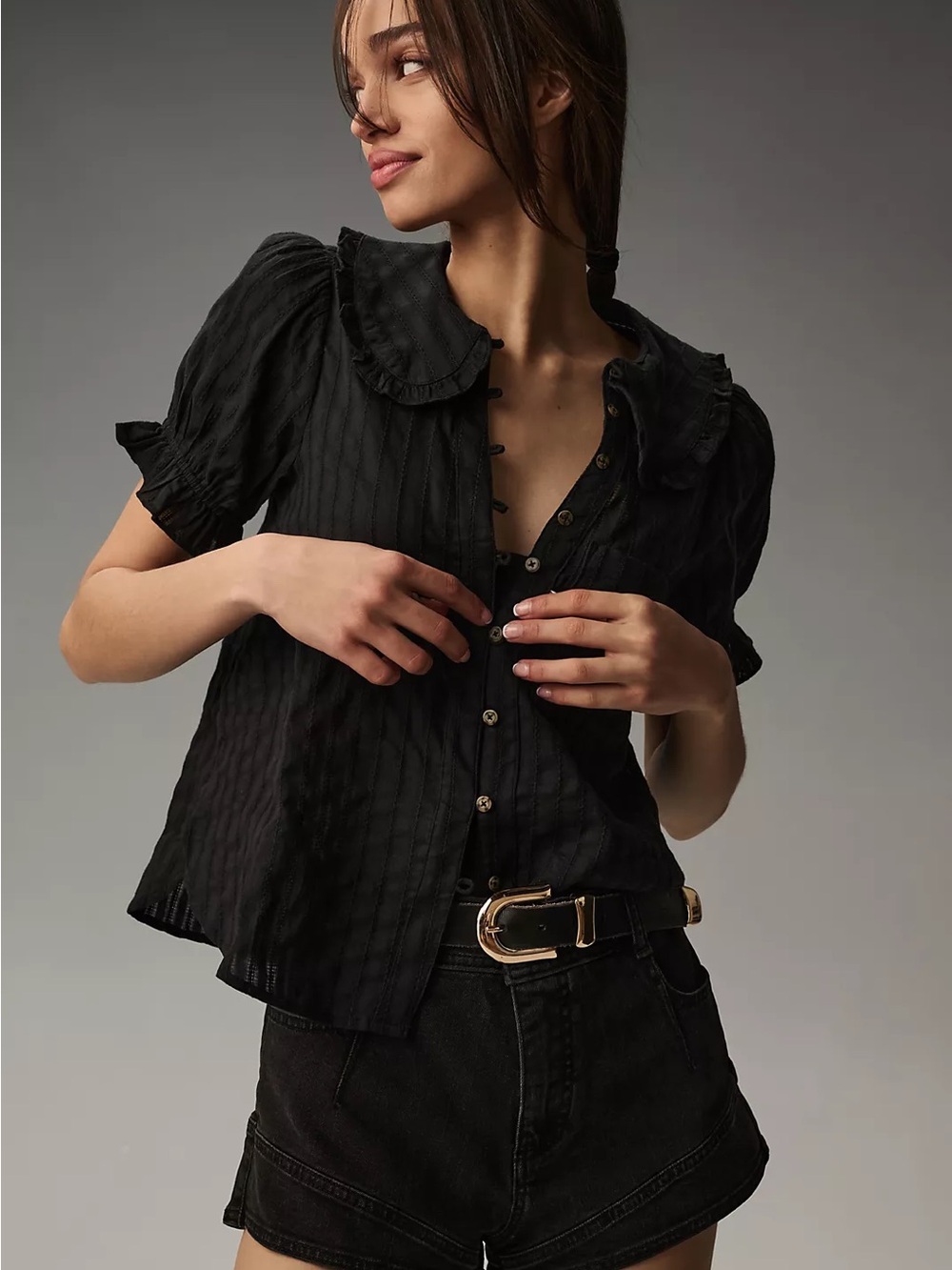 Pilcro Keira Blouse Black Textured Button-Up